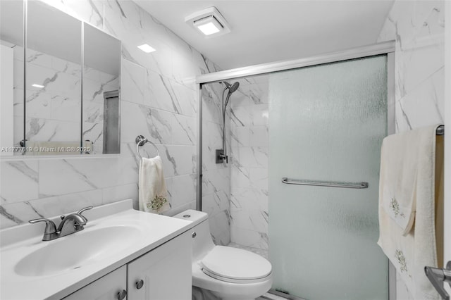 300 NW 107th Ave Unit 201, Miami, FL 33172 - full bathroom with tile walls, toilet, vanity, a marble finish shower, and backsplash