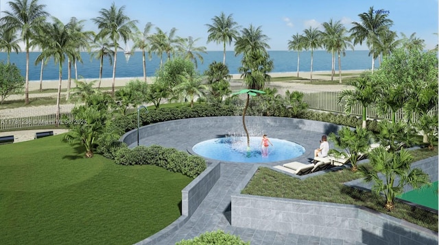 surrounding community featuring a water view, fence, and a lawn