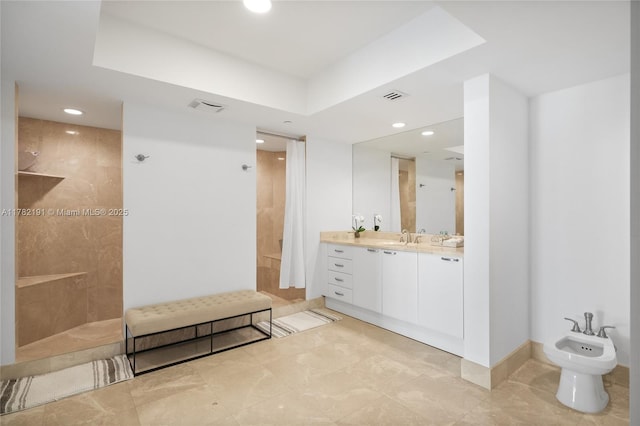 bathroom featuring recessed lighting, walk in shower, a bidet, and visible vents