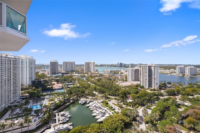 drone / aerial view featuring a city view and a water view