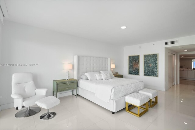 bedroom featuring visible vents, recessed lighting, and light tile patterned flooring