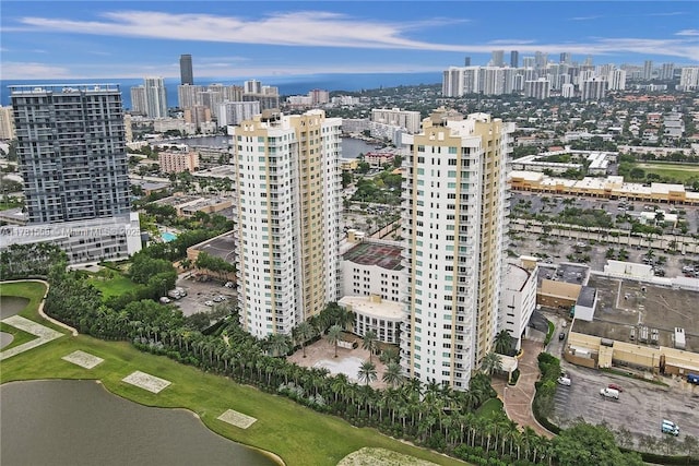 1755 E Hallandale Beach Blvd Unit 1608E, Hallandale Beach, FL 33009 - aerial view of property and surrounding area with city skyline and a nearby body of water