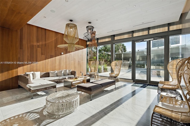 68 SE 6th St Unit 810, Miami, FL 33131 - building lobby with wooden walls, wooden ceiling, and floor to ceiling windows