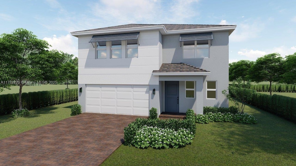 view of front of home with an attached garage, a front lawn, decorative driveway, and stucco siding