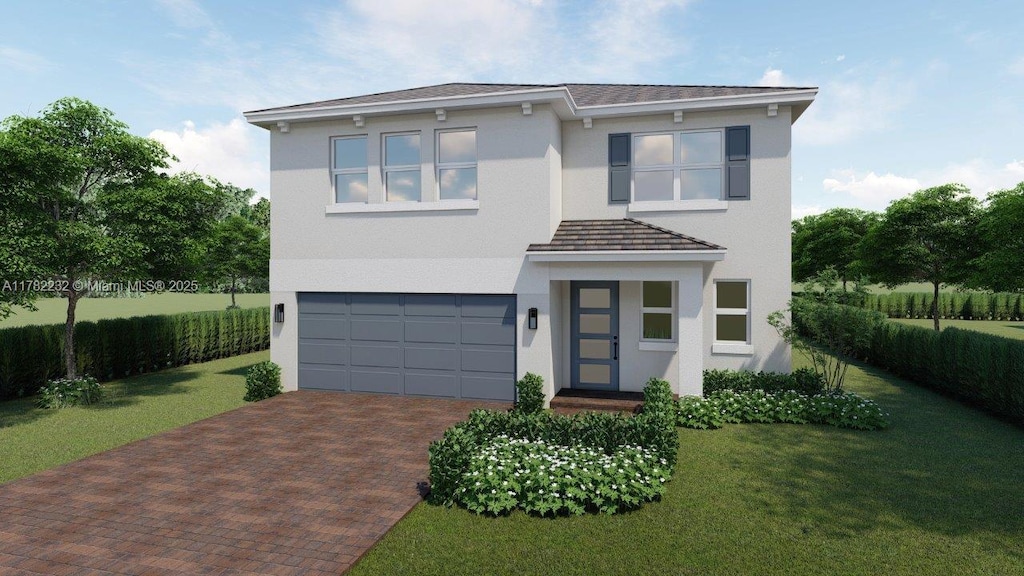 view of front facade featuring stucco siding, decorative driveway, a front yard, and an attached garage