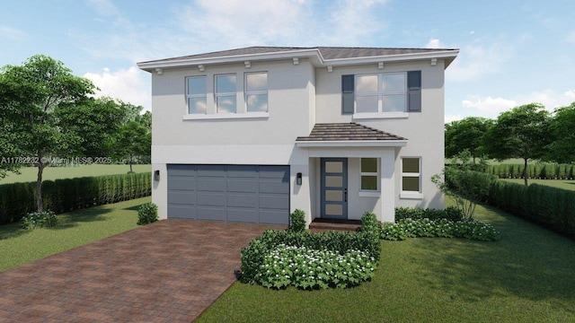 view of front facade featuring stucco siding, decorative driveway, a front yard, and an attached garage