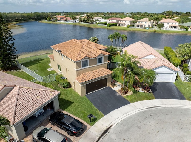 bird's eye view with a water view and a residential view