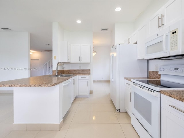 kitchen with visible vents, white cabinets, a sink, white appliances, and a peninsula
