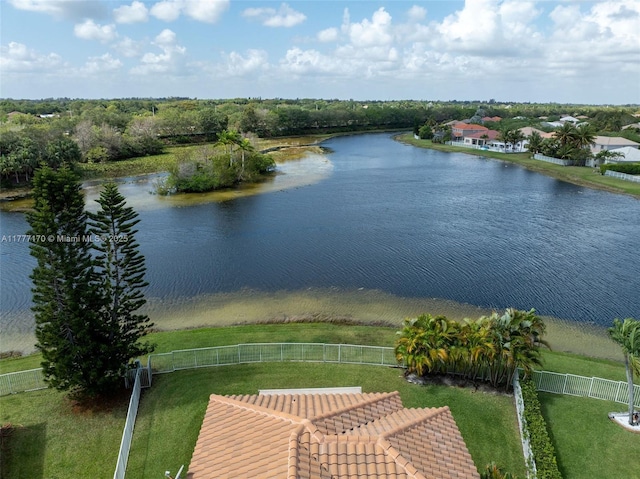 bird's eye view with a water view
