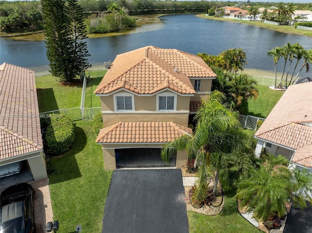 drone / aerial view featuring a water view