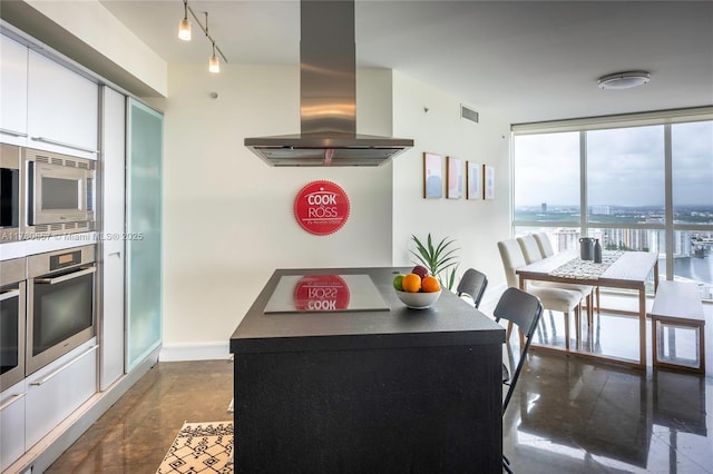kitchen featuring track lighting, a wall of windows, white cabinetry, island exhaust hood, and appliances with stainless steel finishes