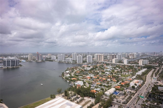bird's eye view with a water view and a city view