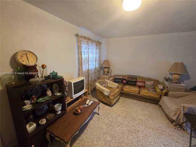 living room featuring speckled floor