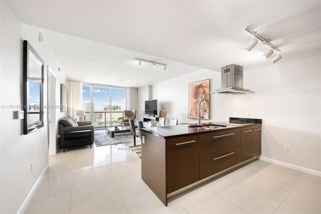 485 Brickell Ave Unit 4707, Miami, FL 33131 - kitchen featuring exhaust hood, rail lighting, a sink, and modern cabinets