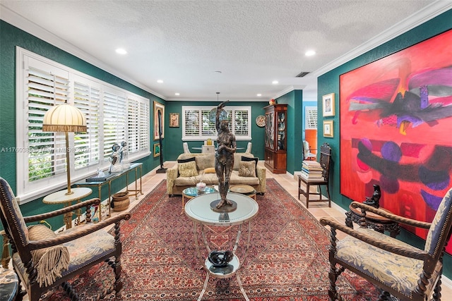 1414 Ferdinand St, Coral Gables, FL 33134 - living area featuring crown molding, baseboards, a textured ceiling, and recessed lighting