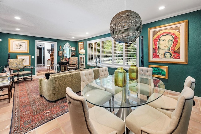1414 Ferdinand St, Coral Gables, FL 33134 - dining space with crown molding, recessed lighting, a textured wall, and a textured ceiling