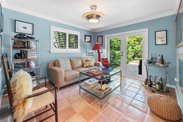 1414 Ferdinand St, Coral Gables, FL 33134 - living area featuring a textured ceiling, a healthy amount of sunlight, and crown molding