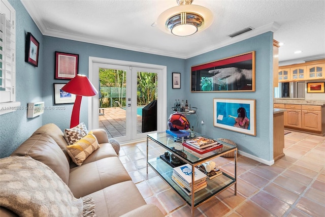 1414 Ferdinand St, Coral Gables, FL 33134 - living room featuring french doors, ornamental molding, and visible vents