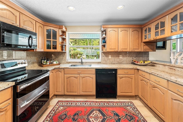 1414 Ferdinand St, Coral Gables, FL 33134 - kitchen with glass insert cabinets, open shelves, black appliances, a sink, and decorative backsplash