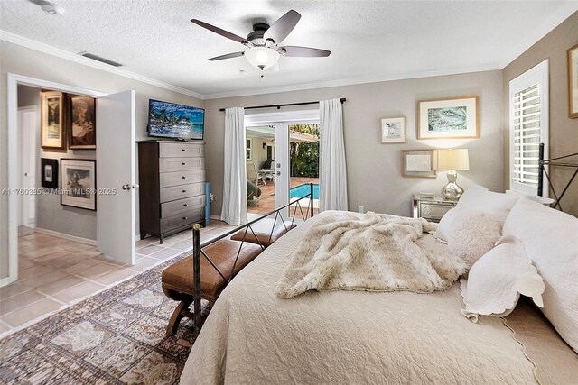1414 Ferdinand St, Coral Gables, FL 33134 - bedroom featuring ornamental molding, a textured ceiling, a ceiling fan, visible vents, and access to exterior