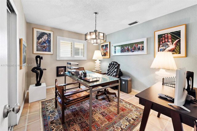 1414 Ferdinand St, Coral Gables, FL 33134 - tiled home office with a textured ceiling, a notable chandelier, and visible vents
