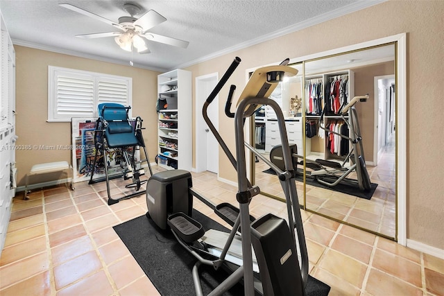 1414 Ferdinand St, Coral Gables, FL 33134 - exercise area with light tile patterned floors, a textured ceiling, ornamental molding, and ceiling fan