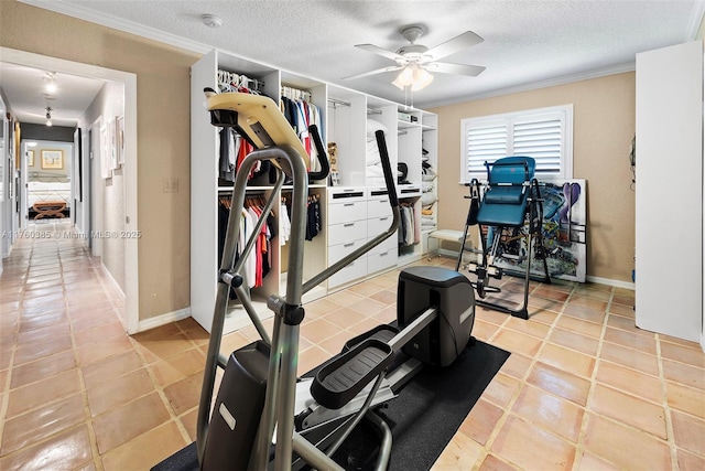 1414 Ferdinand St, Coral Gables, FL 33134 - workout area featuring light tile patterned floors, baseboards, ornamental molding, and a ceiling fan