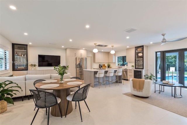 8360 SW 148th Dr, Palmetto Bay, FL 33158 - dining space featuring a ceiling fan, visible vents, recessed lighting, wine cooler, and french doors