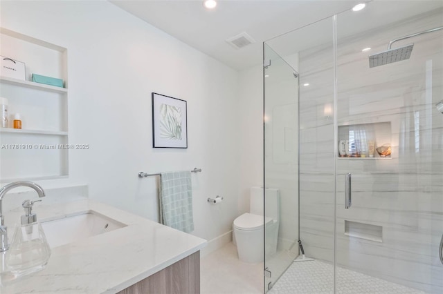 8360 SW 148th Dr, Palmetto Bay, FL 33158 - full bath with visible vents, toilet, a shower stall, recessed lighting, and vanity