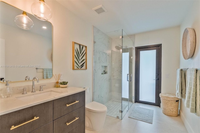 8360 SW 148th Dr, Palmetto Bay, FL 33158 - bathroom with a marble finish shower, visible vents, toilet, and vanity