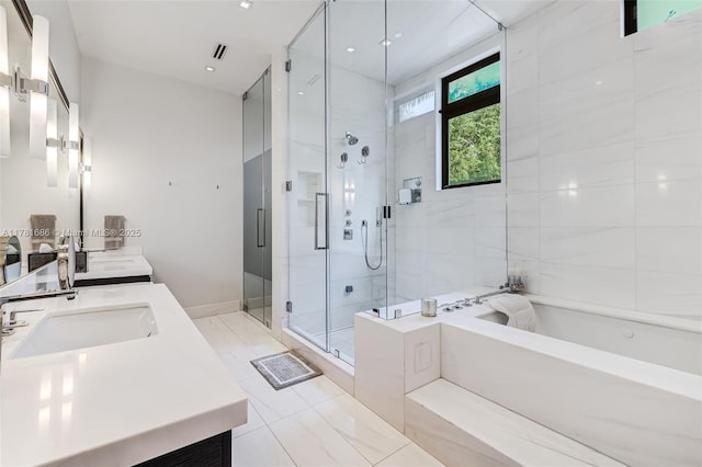 555 Arvida Pkwy, Coral Gables, FL 33156 - full bath featuring a shower stall, double vanity, a garden tub, and a sink