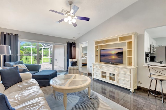 1237 NW 52nd Way, Deerfield Beach, FL 33442 - living area featuring baseboards, a ceiling fan, visible vents, high vaulted ceiling, and built in shelves