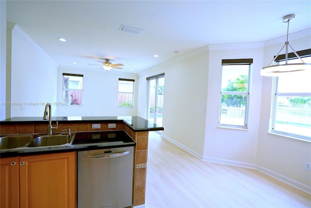 kitchen featuring dark countertops, a healthy amount of sunlight, stainless steel dishwasher, and a sink