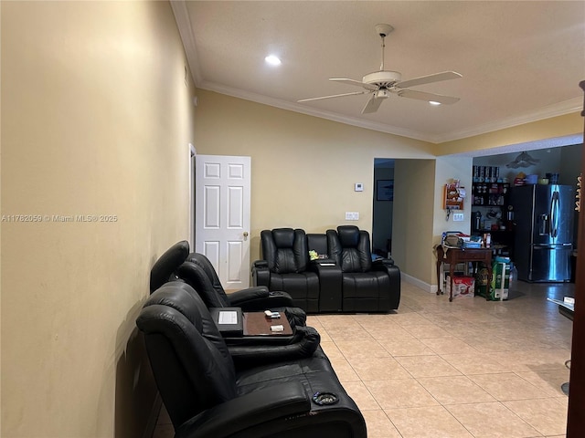 living room featuring baseboards, recessed lighting, crown molding, light tile patterned flooring, and ceiling fan