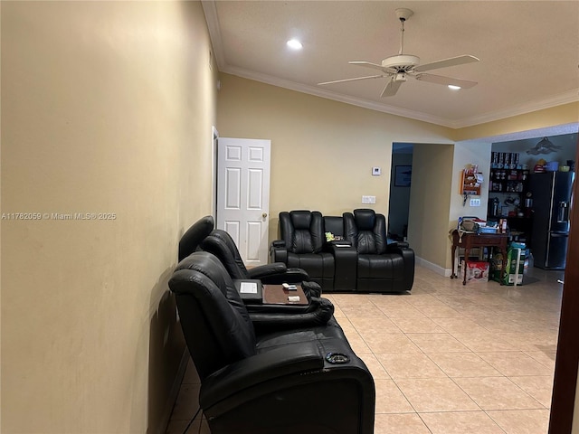 living area with recessed lighting, light tile patterned floors, ornamental molding, and ceiling fan