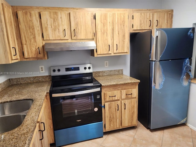 6061 Shakerwood Cir Unit 208, Tamarac, FL 33319 - kitchen featuring exhaust hood, appliances with stainless steel finishes, light tile patterned flooring, a sink, and light stone counters