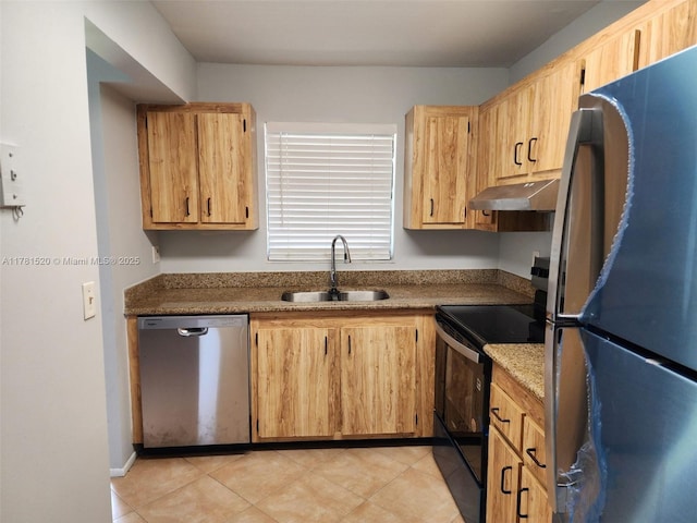 6061 Shakerwood Cir Unit 208, Tamarac, FL 33319 - kitchen featuring stainless steel dishwasher, freestanding refrigerator, under cabinet range hood, a sink, and range with electric cooktop