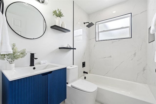 full bath with shower / bathtub combination, vanity, and toilet