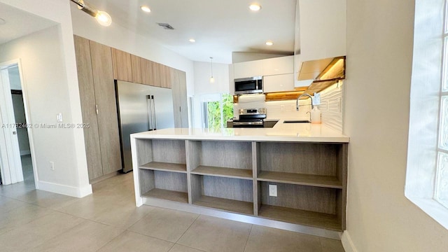 kitchen with a sink, decorative backsplash, modern cabinets, and stainless steel appliances