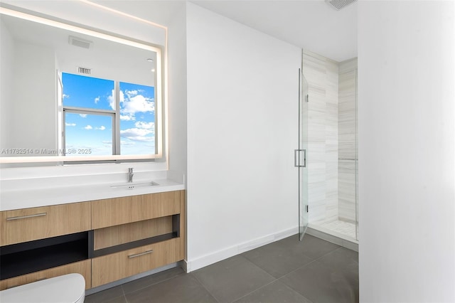 851 NE 1st Ave Ph 5500, Miami, FL 33132 - full bath featuring a sink, toilet, a stall shower, visible vents, and tile patterned flooring