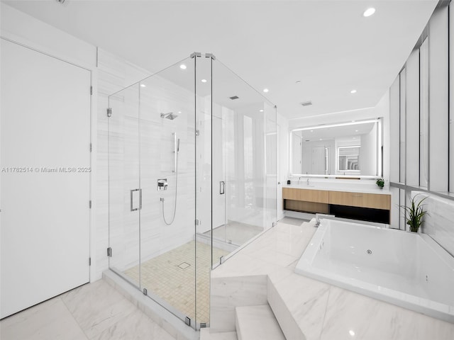 851 NE 1st Ave Ph 5500, Miami, FL 33132 - bathroom with vanity, a shower stall, recessed lighting, and a jetted tub