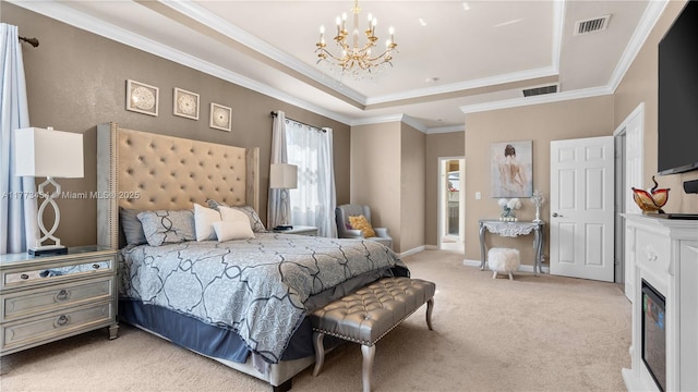 bedroom featuring a raised ceiling, light colored carpet, a notable chandelier, and visible vents