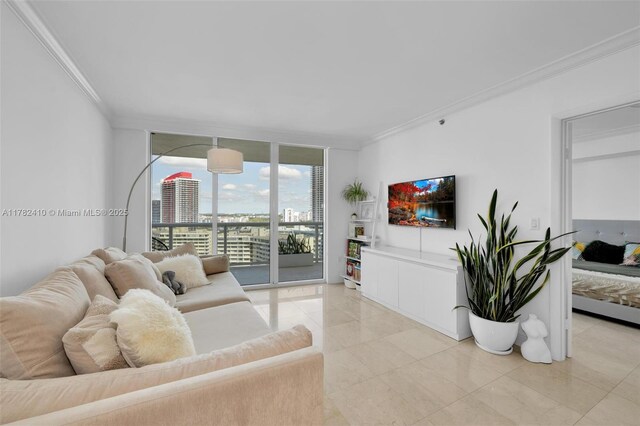 1850 S Ocean Dr Unit 1709, Hallandale Beach, FL 33009 - living room featuring ornamental molding and a wall of windows