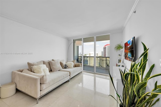 1850 S Ocean Dr Unit 1709, Hallandale Beach, FL 33009 - living area with ornamental molding, light tile patterned floors, and floor to ceiling windows