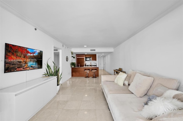 1850 S Ocean Dr Unit 1709, Hallandale Beach, FL 33009 - living room with visible vents, marble finish floor, and crown molding