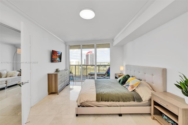 1850 S Ocean Dr Unit 1709, Hallandale Beach, FL 33009 - bedroom featuring floor to ceiling windows, light tile patterned floors, access to outside, and ornamental molding