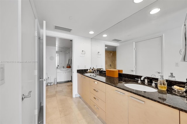 1850 S Ocean Dr Unit 1709, Hallandale Beach, FL 33009 - bathroom featuring recessed lighting, double vanity, visible vents, and a sink