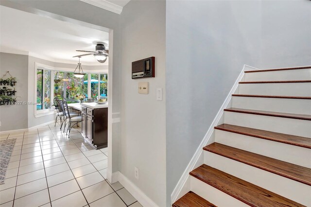 1780 SW 51st Ter, Plantation, FL 33317 - stairs with ceiling fan, baseboards, crown molding, and tile patterned floors