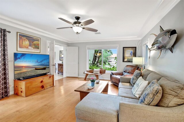 1780 SW 51st Ter, Plantation, FL 33317 - living room featuring ceiling fan, wood finished floors, and ornamental molding