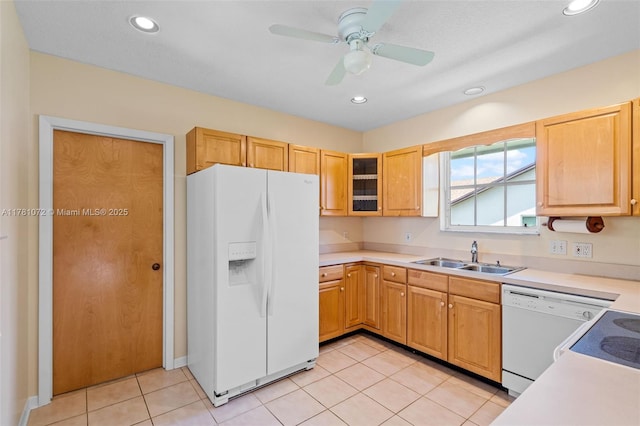 16901 SW 89th Ave, Palmetto Bay, FL 33157 - kitchen featuring a sink, light countertops, ceiling fan, white appliances, and recessed lighting